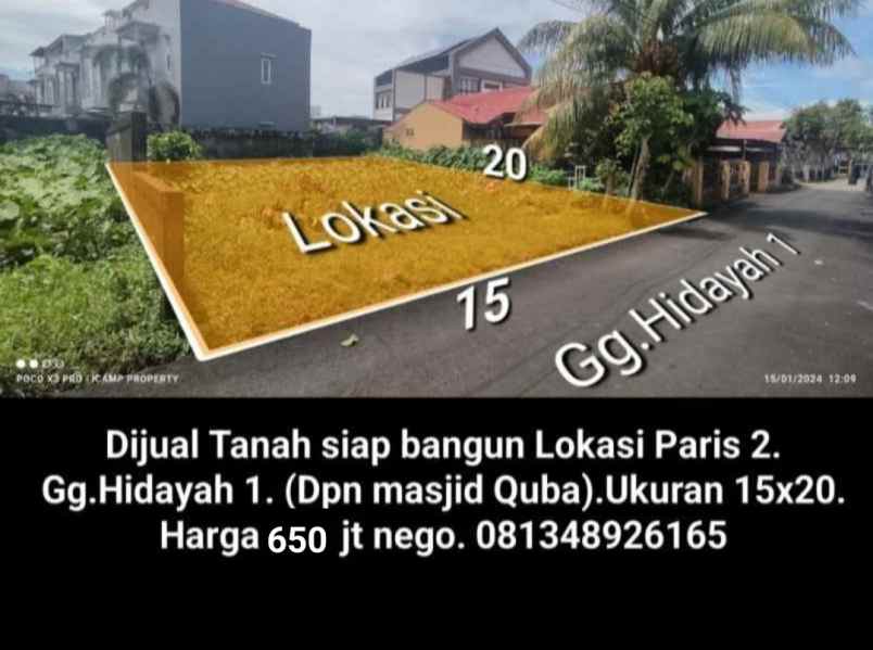 dijual tanah siap bangun lokasi paris 2 gg hidayah 1