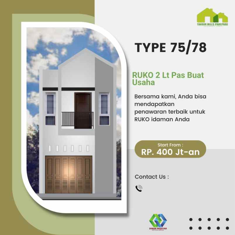 jual ruko 2 lt 400 jt an pare pare dekat kota