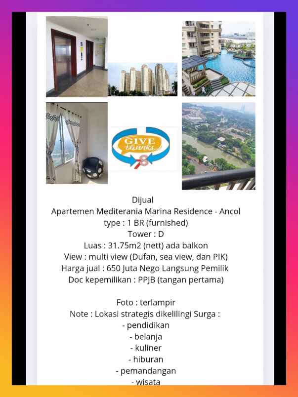 dijual apartemen mediterania residen ancol jakarta