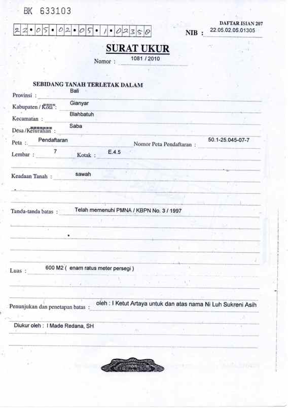 dijual tanah saba gianyar