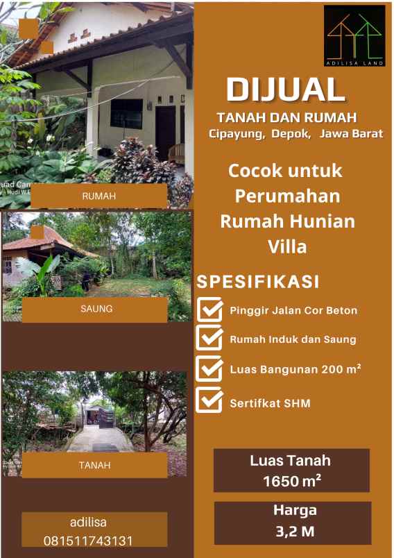 tanah 1650 m bonus rumah dan saung