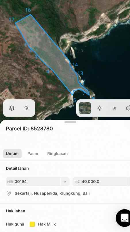 dijual 38 ha loss tebing tanglad nusa penida klungkung