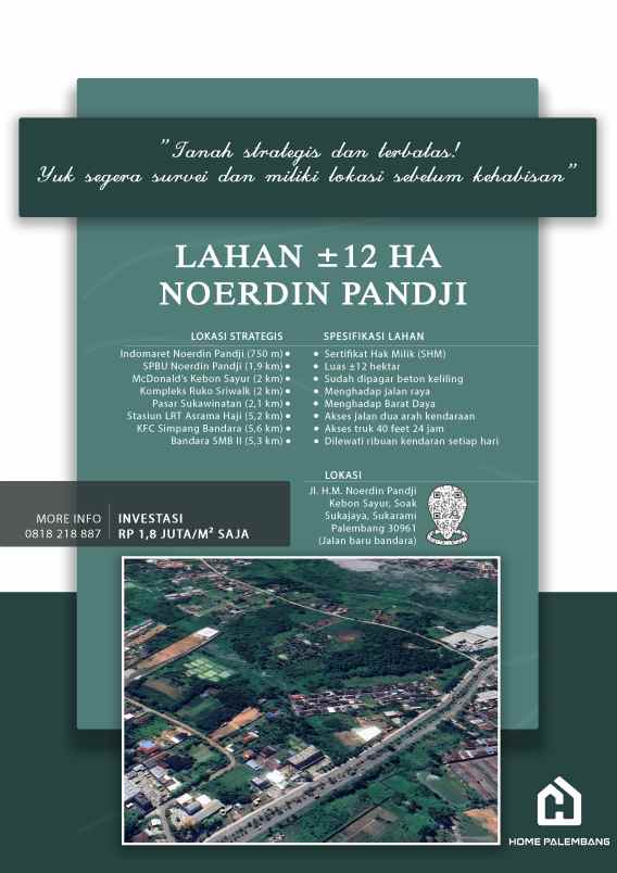 dijual tanah noerdin pandji palembang seluas 12 hektar