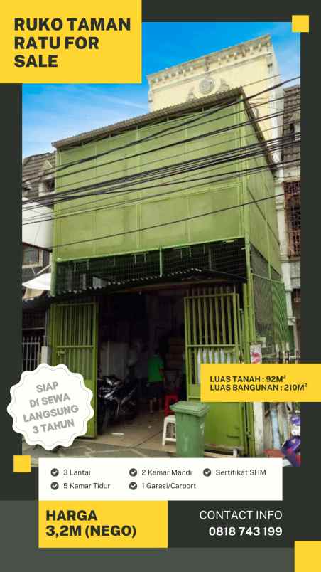 dijual ruko taman ratu indah