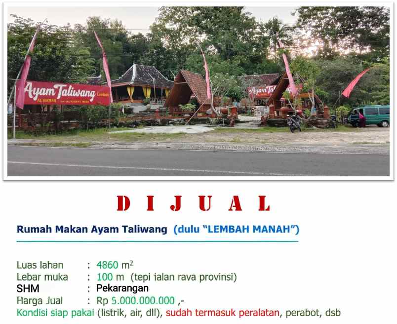 jual rumah makan ayam taliwang gunung kidul jogja