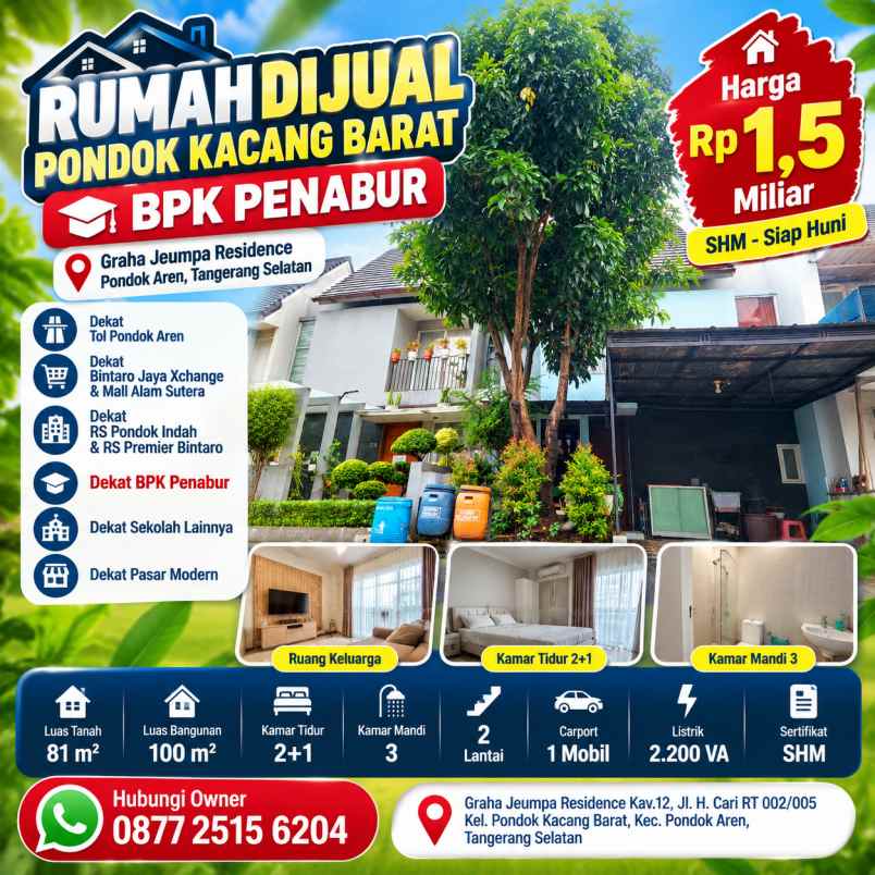 rumah dijual pondok kacang barat bpk penabur lt 81m