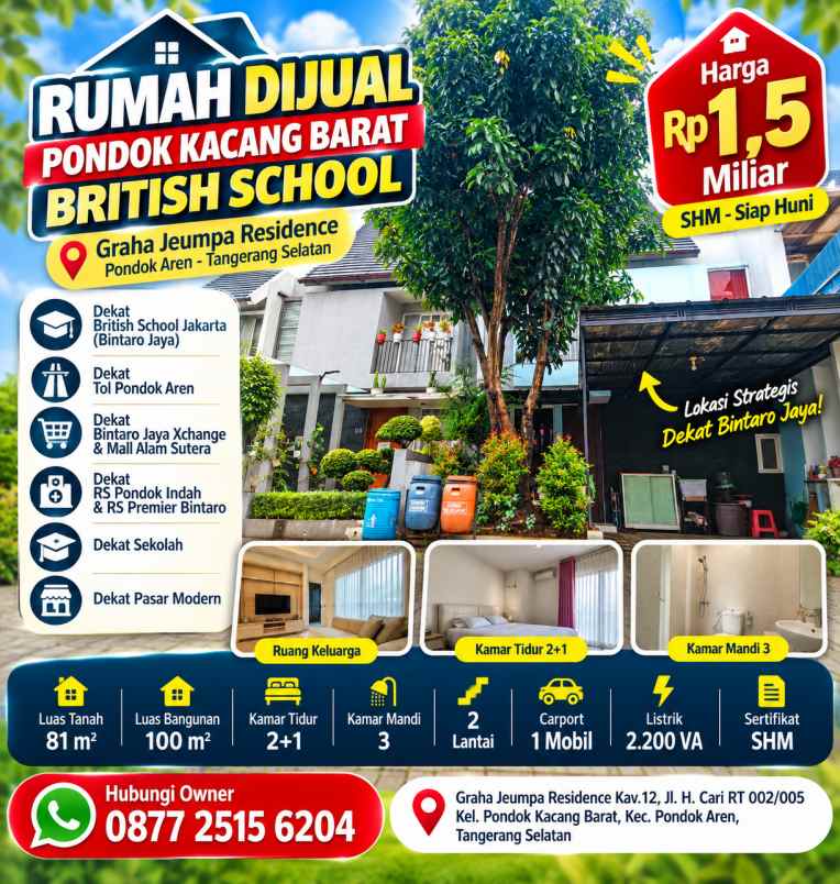 rumah dijual pondok kacang barat british school lt 81m