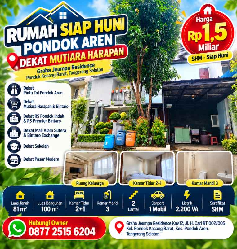 rumah siap huni pondok aren dekat mutiara harapan shm