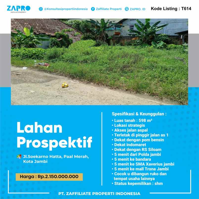 dijual tanah jl soekarno hatta paal