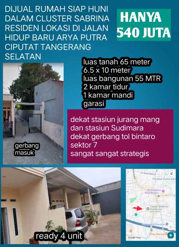 dijual 4 unit rumah siap huni dalam cluster