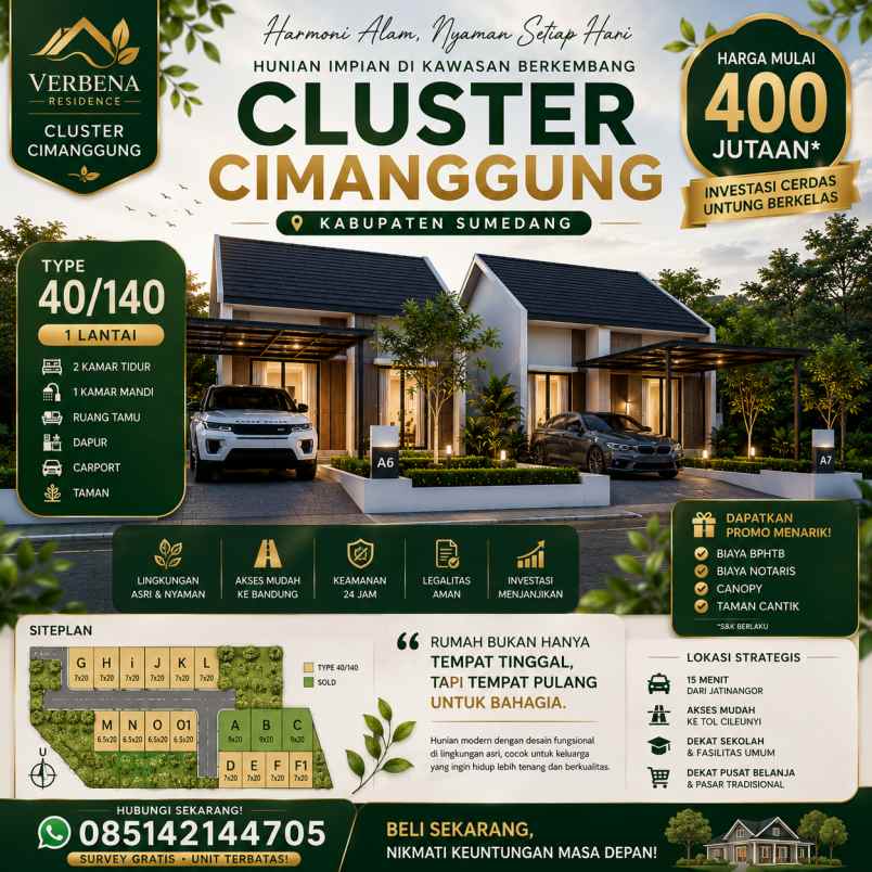 dijual rumah cluster 2 kamar tidur shm