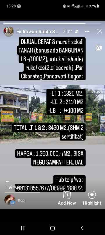 dijual tanah bangunan di bawah harga pasaran