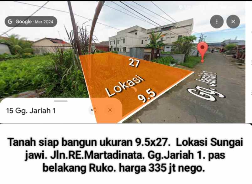 tanah siap bangun ukuran 9 5x27 lokasi sungai jawi