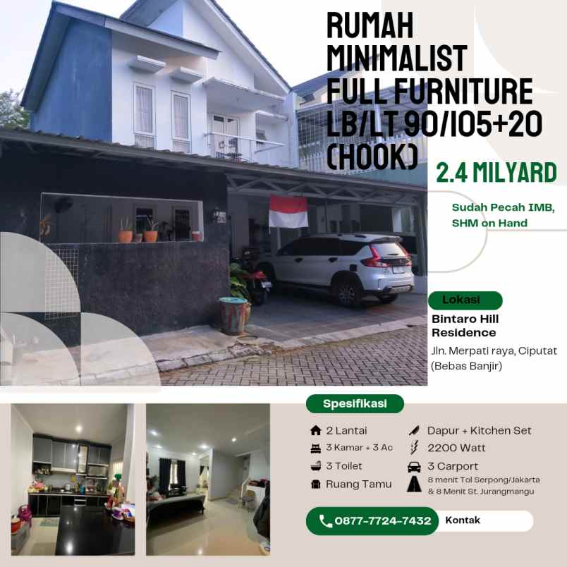 rumah full furnished hook 8 menit tol serpong ciputat