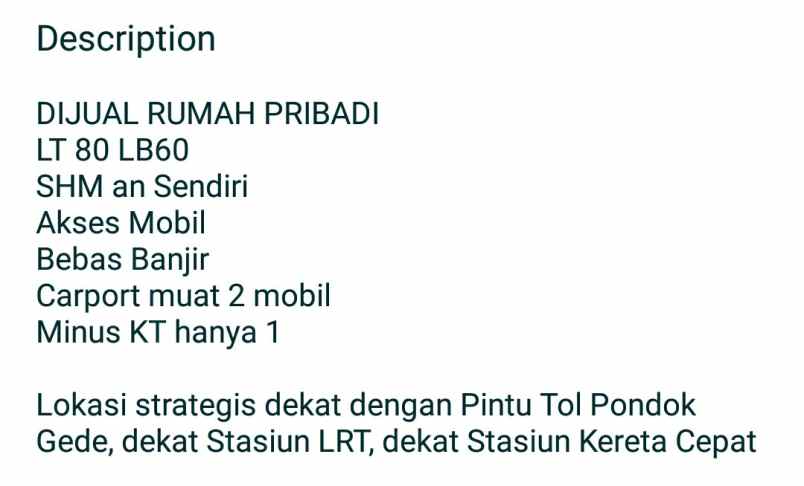 rumah murah dekat stasiun lrt jatibening sudah shm