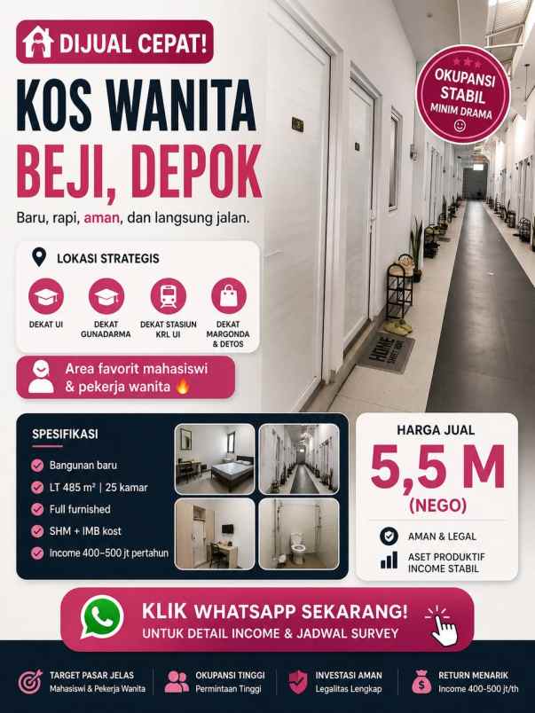 dijual kost pondok cina kecamatan beji
