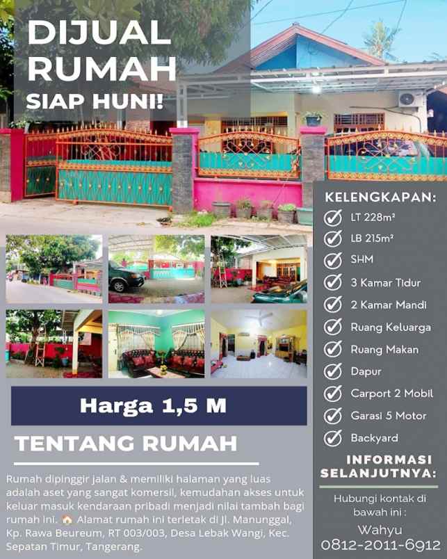 dijual rumah jl manunggal kp rawa