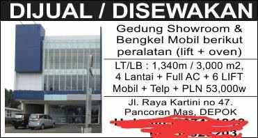 dijual cepat showroom ex proton didepok bu buru ya