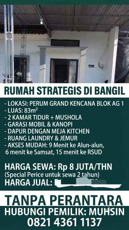 disewakan rumah strategis grand kencana bangil 83m