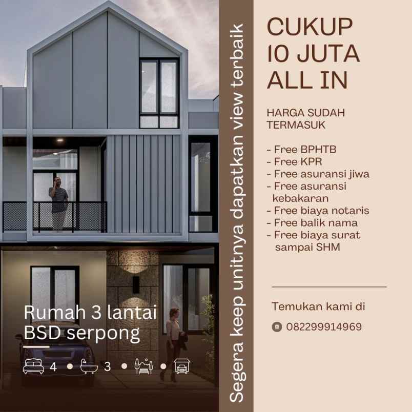 rumah serpong 3 lantai dp 0 bebas biaya biaya