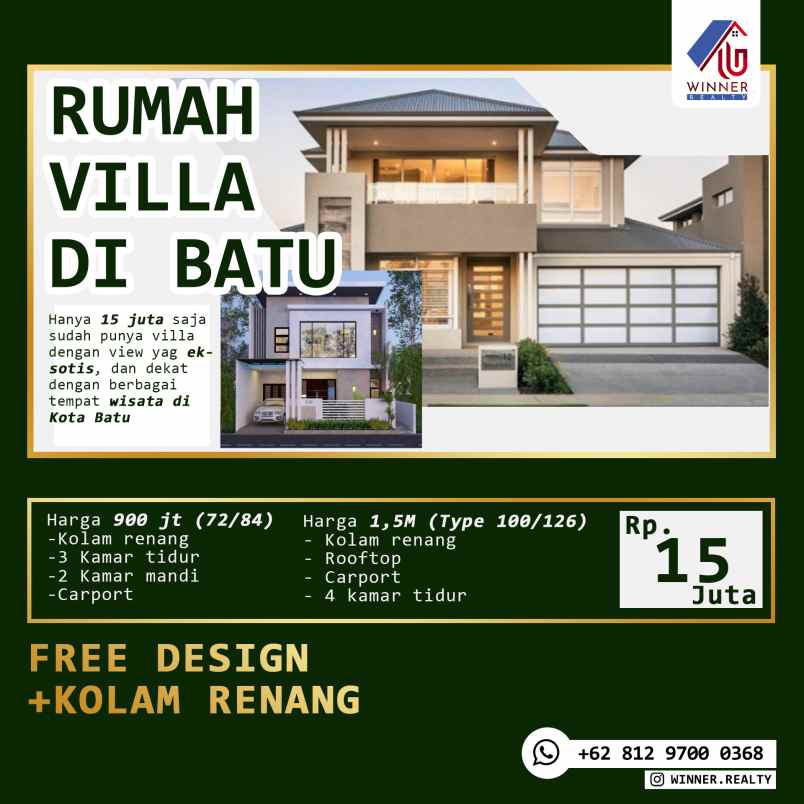 rumah villa 2 lantai kolam renang di kota wisata batu