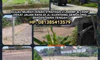 Jual Murah Tanah Strategis 2000m 140m Gemolong Sragen,dkt jl.raya