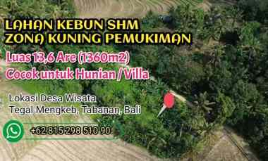 Tanah Kebun SHM Zona Kuning Pemukiman di Tabanan Bali
